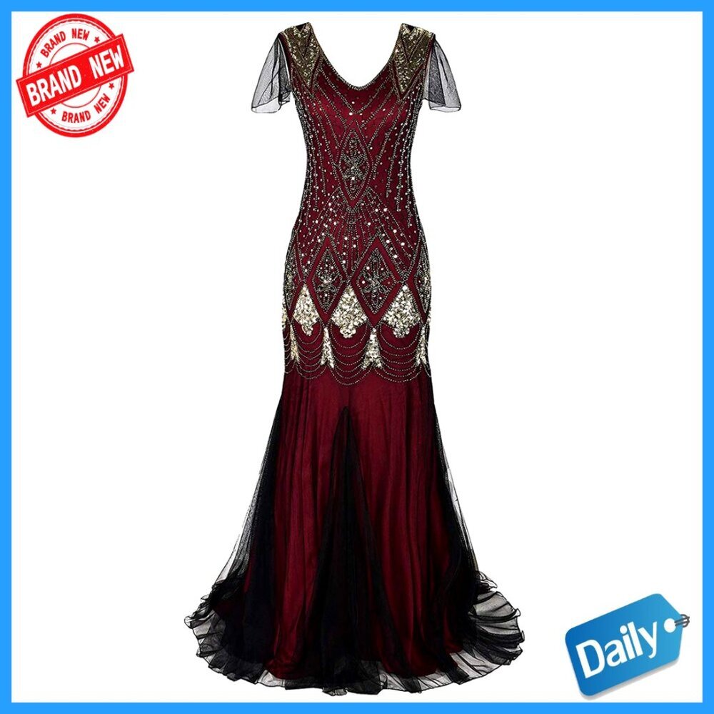 Vintage 1920s Flapper Dress Sequins Fringe Mermaid Hem Formal Gown